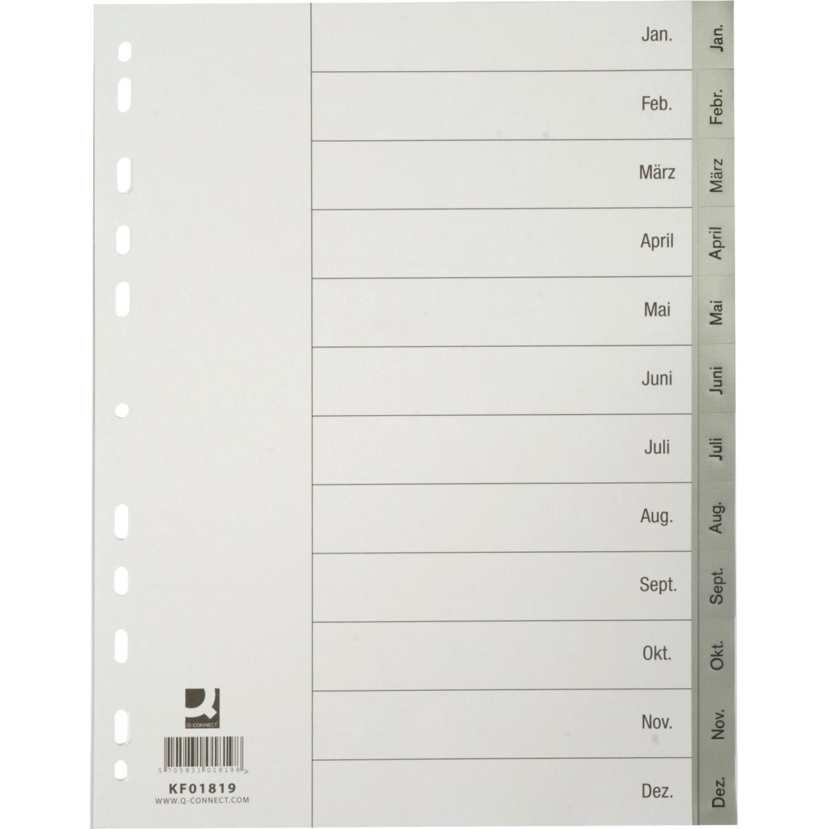 Q-CONNECT - inserti a rubrica, A4, PP, perforazione a 11 fori, con indice, set da gennaio a dicembre, grigio