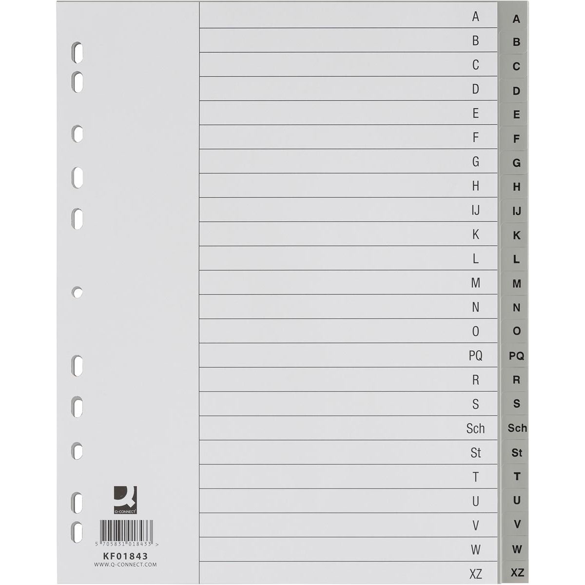 Q-CONNECT - inserti, A4, PP, perforazione a 11 fori, set da A-Z, 24 inserti, grigio