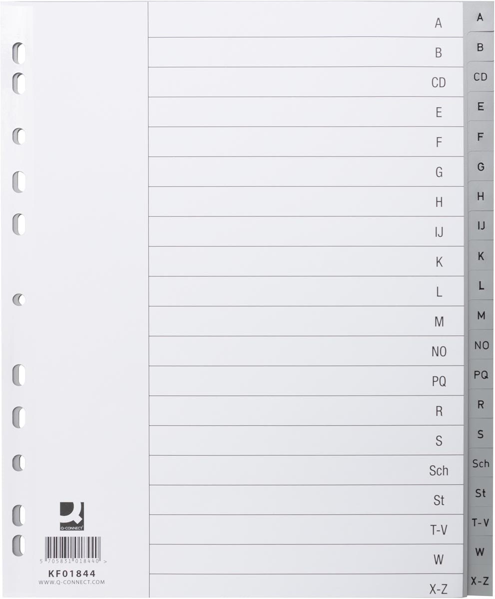 Q-CONNECT - tabbladen, A4, PP, 11-gaatsperforatie, set van A-Z, 20 tabs, grijs