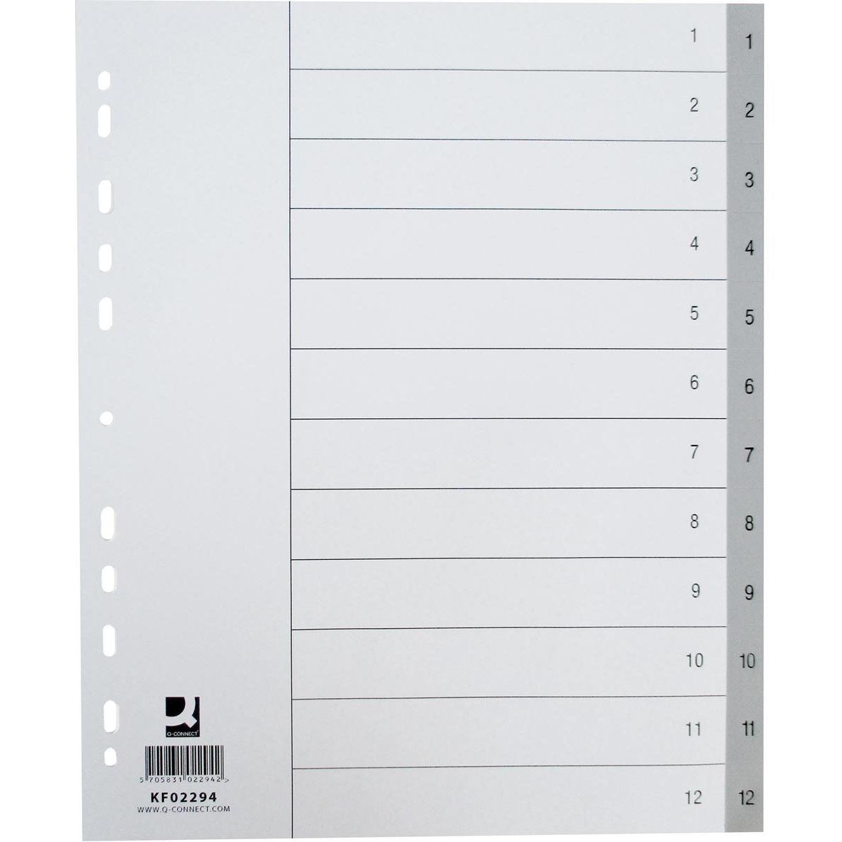Q-CONNECT - inserti, A4, PP, perforazione a 11 fori, con foglio indice, set da 1-12, 12 inserti, grigio