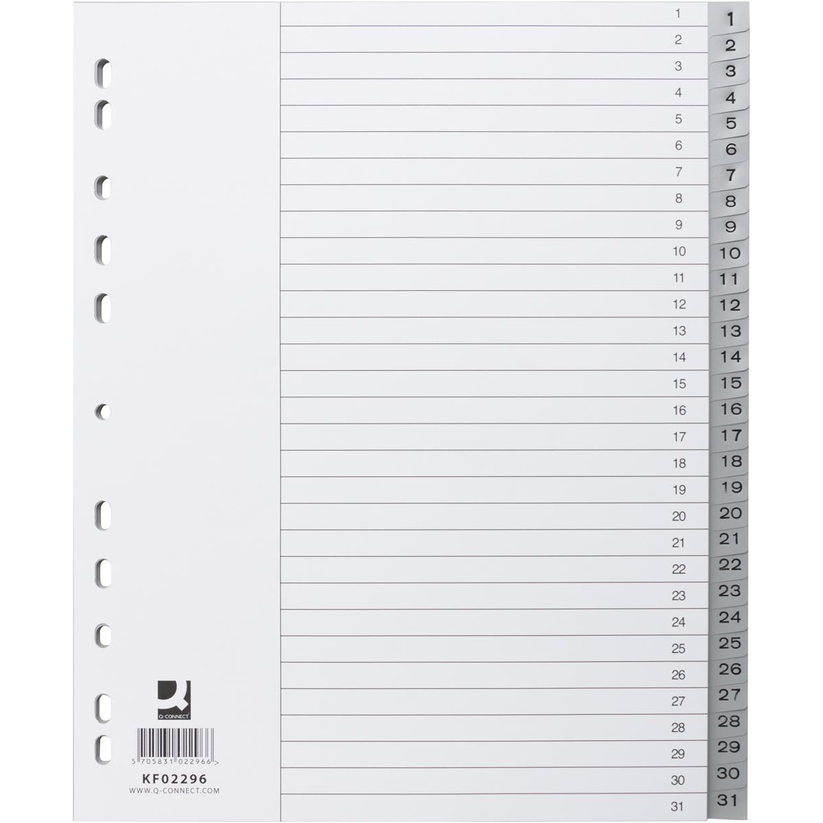 Q-CONNECT - Registerblätter, A4, PP, 11-Loch-Perforation, mit Registerblatt, Set à 1-31, 31 Registerblätter, grau