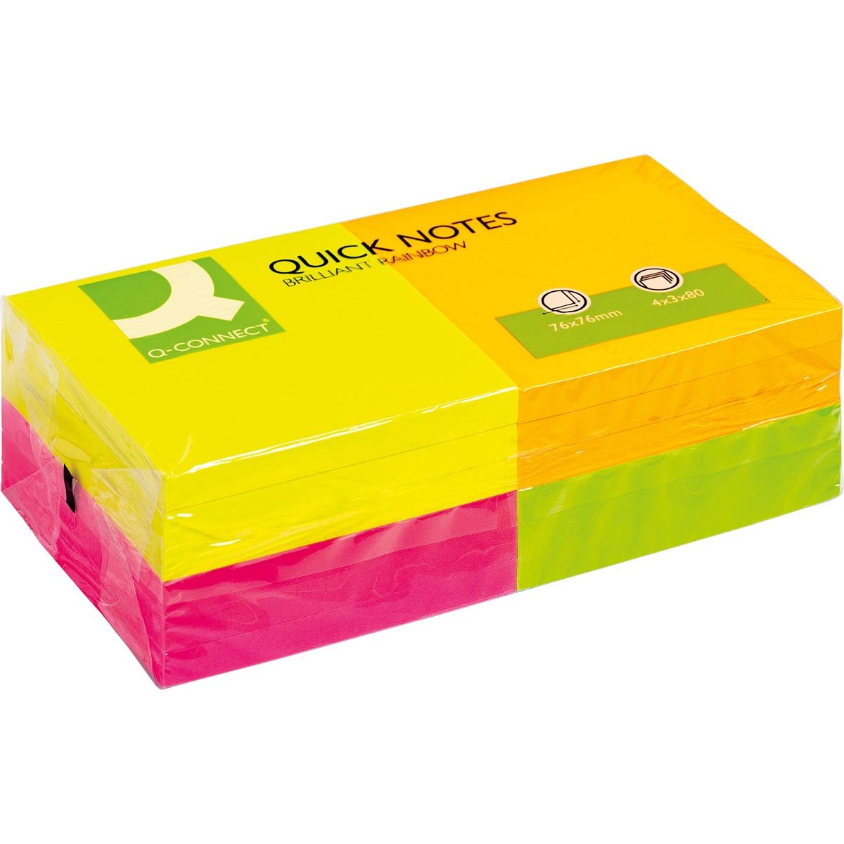 Q-CONNECT - Quick Notes, ft 76 x 76 mm, 80 fogli, confezione da 12 blocchi in 4 colori neon