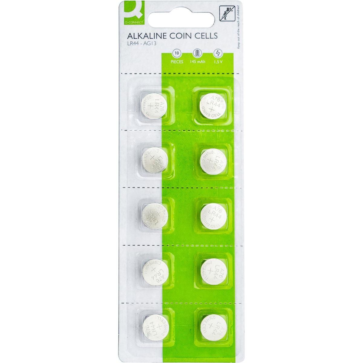 Q-CONNECT - knoopcel, alkaline, LR44, blister van 10 stuks
