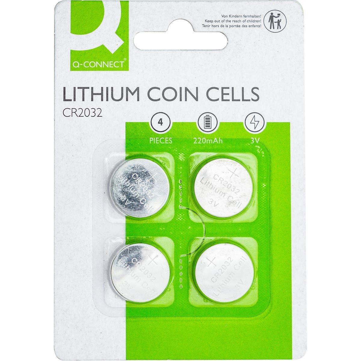 Q-CONNECT - knoopcel, lithium, CR2032, blister van 4 stuks