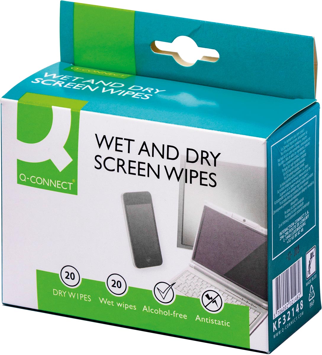 Q-CONNECT - Wet Dry screen cleaning wipes, box of 20 pairs (1 Wet and 1 Dry)