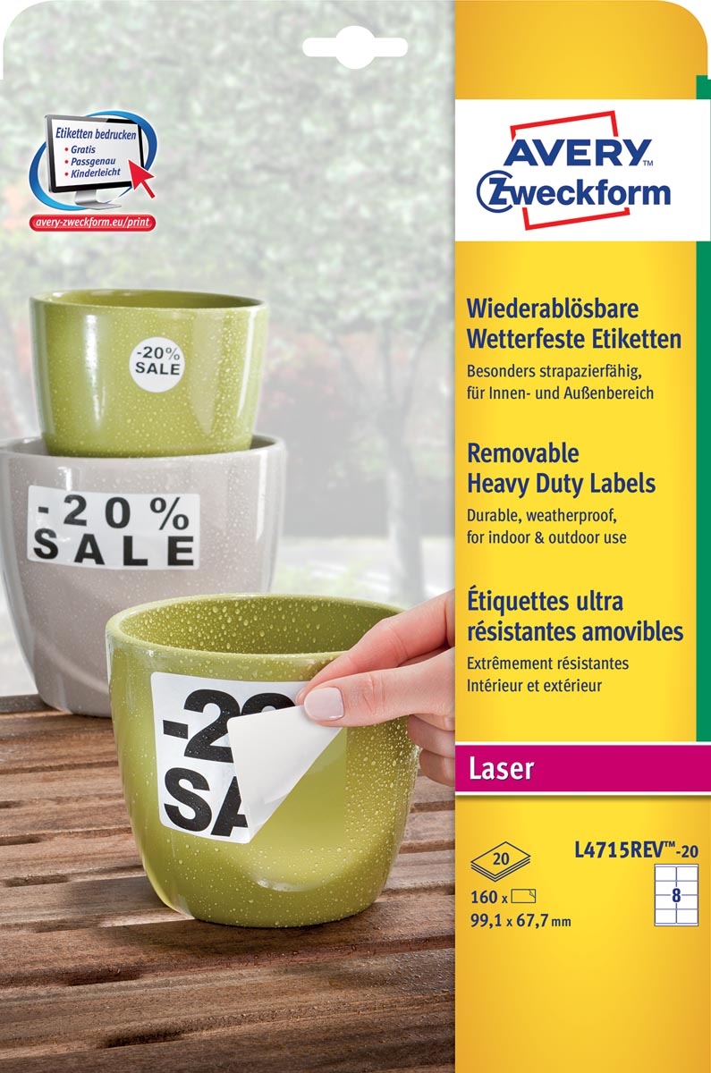 Avery - étiquettes amovibles résistantes aux intempéries Ft 99,1 x 67,7 mm (l x h), blanches, boîte de 160 étiquettes