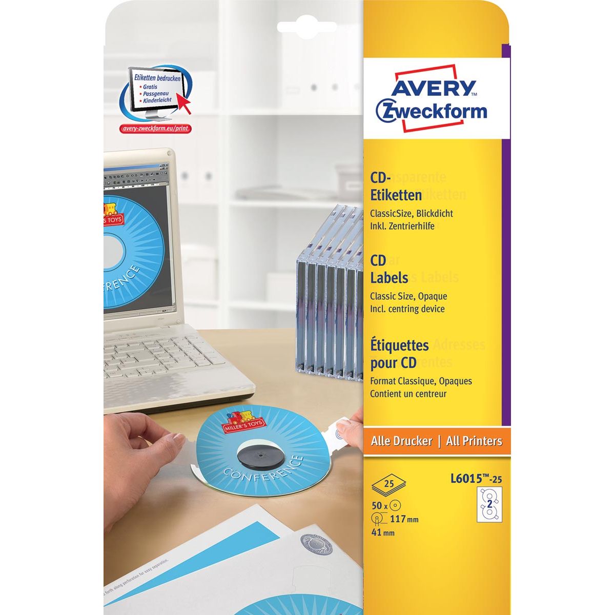 Avery Zweckform - Zweckform L6015-25 CD etiketten, diameter 117 mm, 50 etiketten, wit