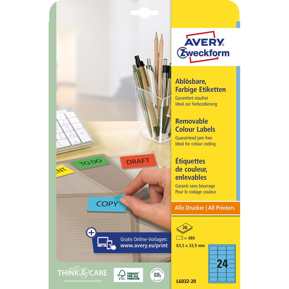 Avery Zweckform - afneembare gekleurde etiketten ft 63,5 x 33,9 mm (b x h), 480 stuks, 24 per blad, blauw