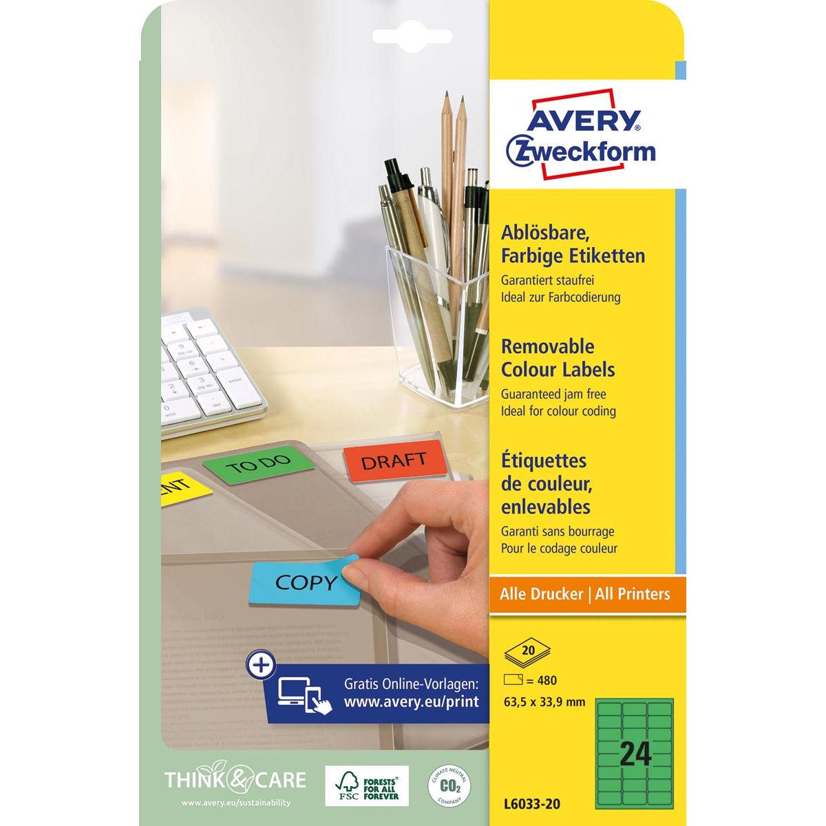 Avery Zweckform – ablösbare farbige Etiketten ft 63,5 x 33,9 mm (B x H), 480 Stück, 24 pro Blatt, grün