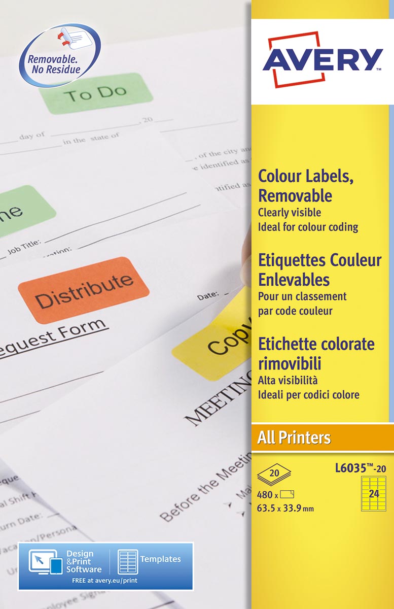 Avery Zweckform – Ablösbare farbige Etiketten, 63,5 x 33,9 mm (B x H), 480 Stück, 24 pro Blatt, gelb