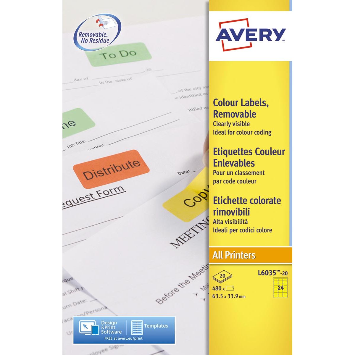 Avery Zweckform - afneembare gekleurde etiketten ft 63,5 x 33,9 mm (b x h), 480 stuks, 24 per blad, geel