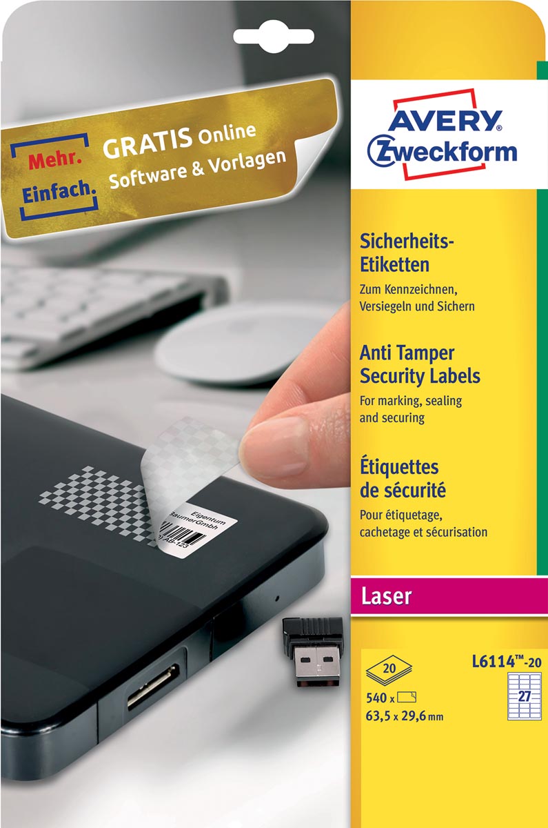 Avery Zweckform - resistant security labels, ft 63.5 x 29.6 mm, 540 pieces, 27 per sheet, box of 20 sheets