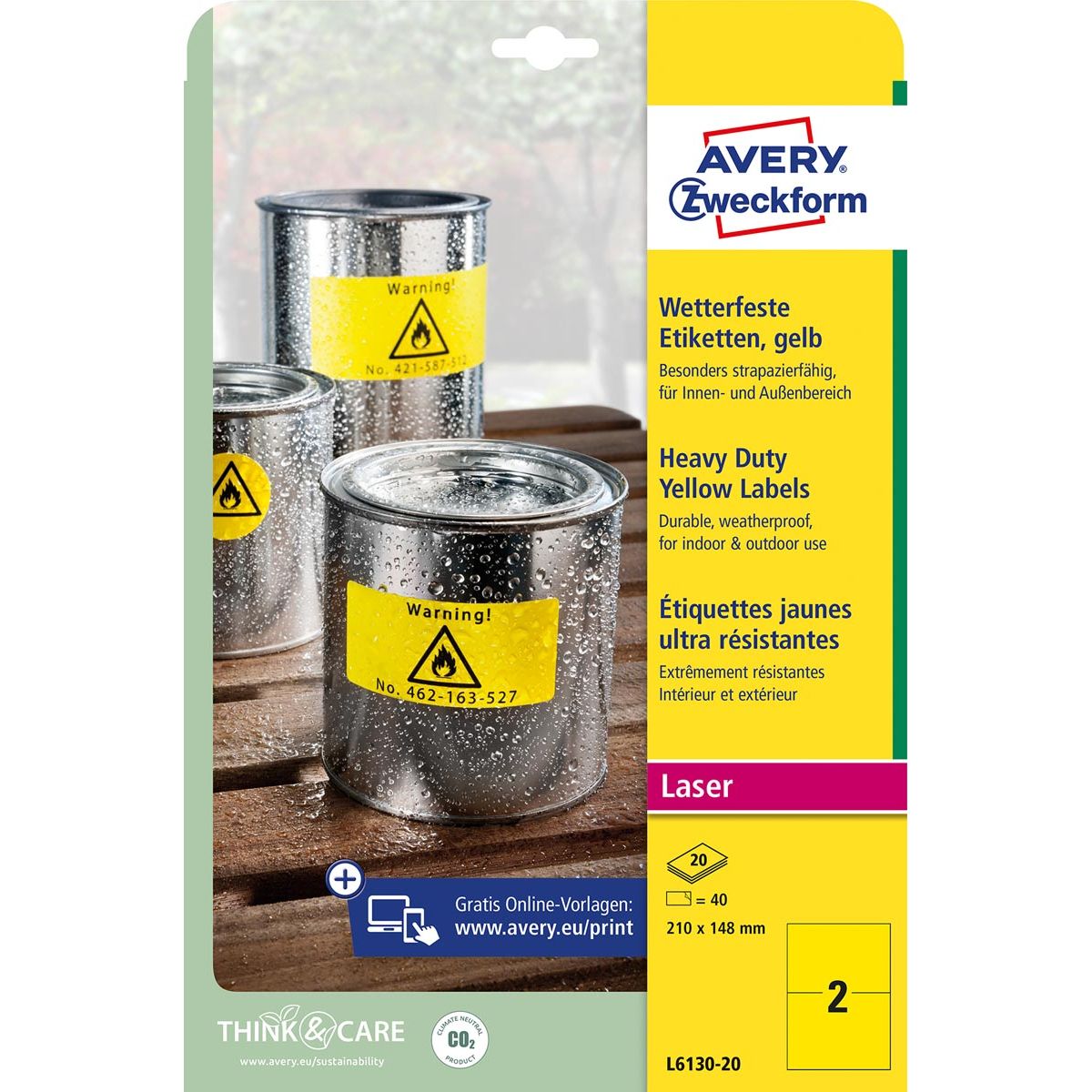 Avery Zweckform - weerbestendige etiketten, ft 210 x 148 mm, geel, pak van 40 etiketten