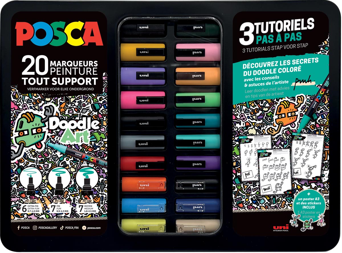 Klika - Uni paintmarker Doodle Art, verschillende punten, metalen koffer van 20 stuks