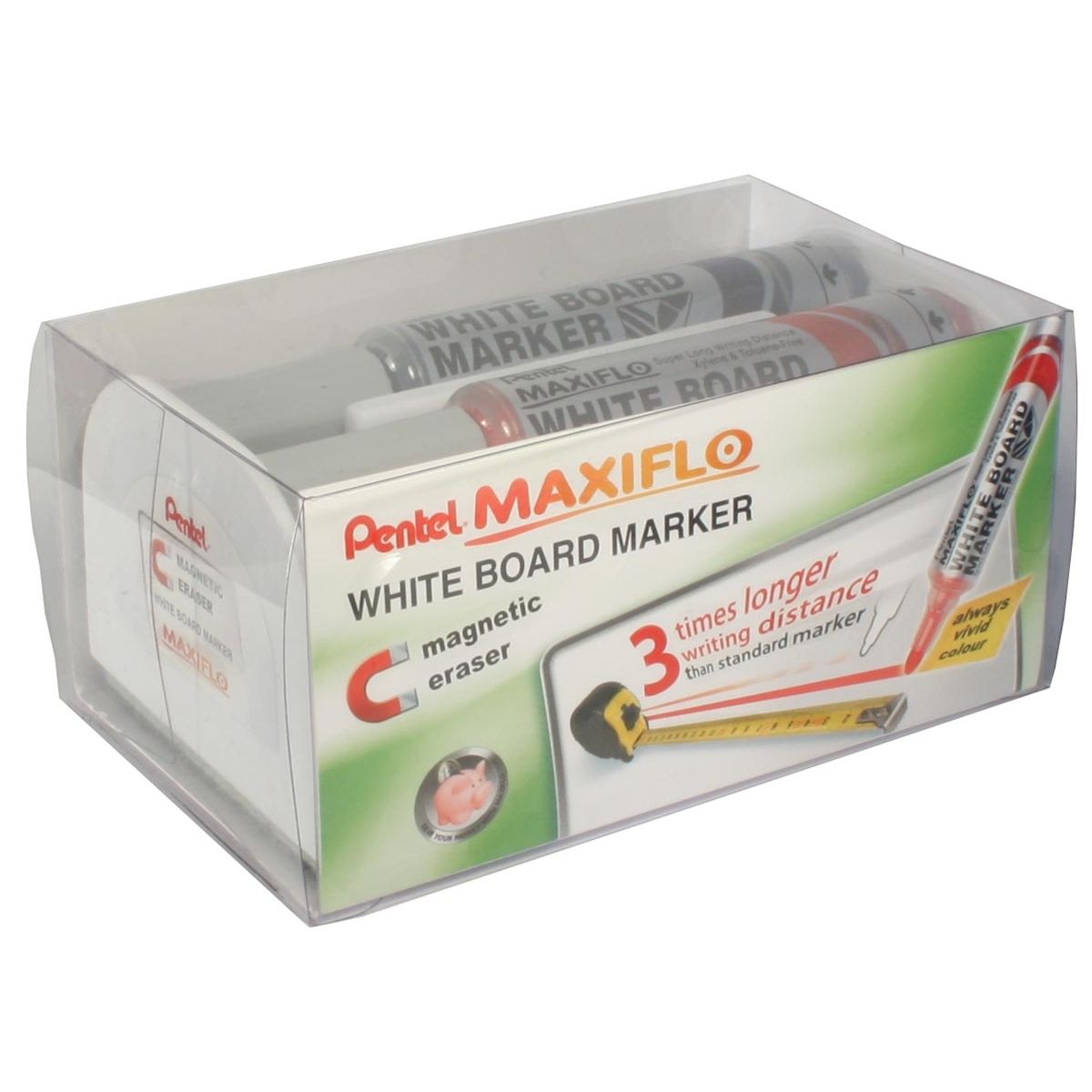 Pentel - Set di 4 pennarelli per lavagna bianca Maxiflo: blu, rosso, verde e nero + cancellino per lavagna magnetica