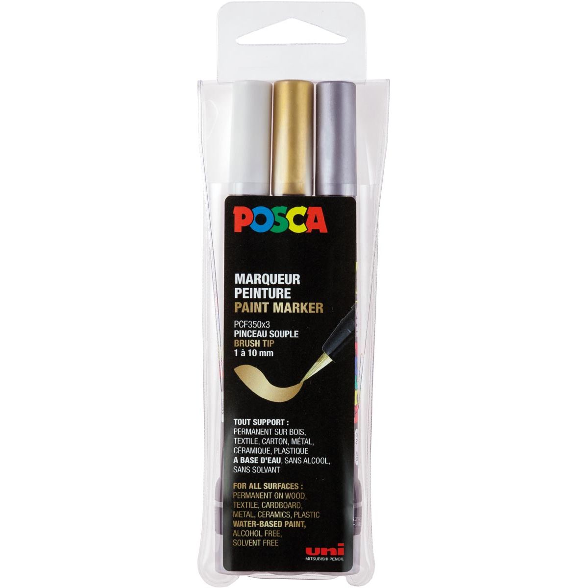 Posca - paintmarker PCF-350, brush tip, étui van 3 stuks, assorti (goud, zilver en wit)