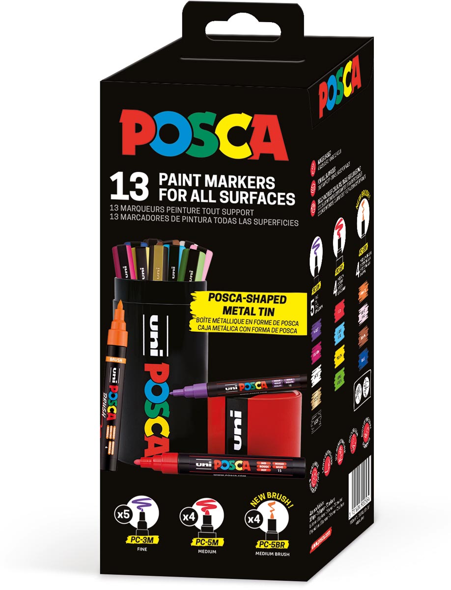 Posca - Uni paintmarker, assorti, metalen koker van 13 stuks