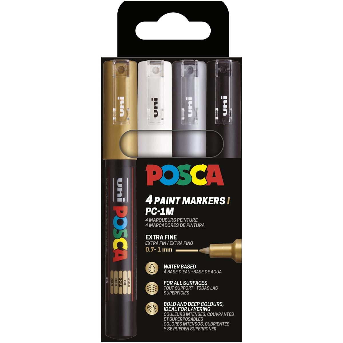 Posca - Uni paintmarker PC-1MC, 0,7 1 mm, etui van 4 stuks, goud, zilver, wit en zwart