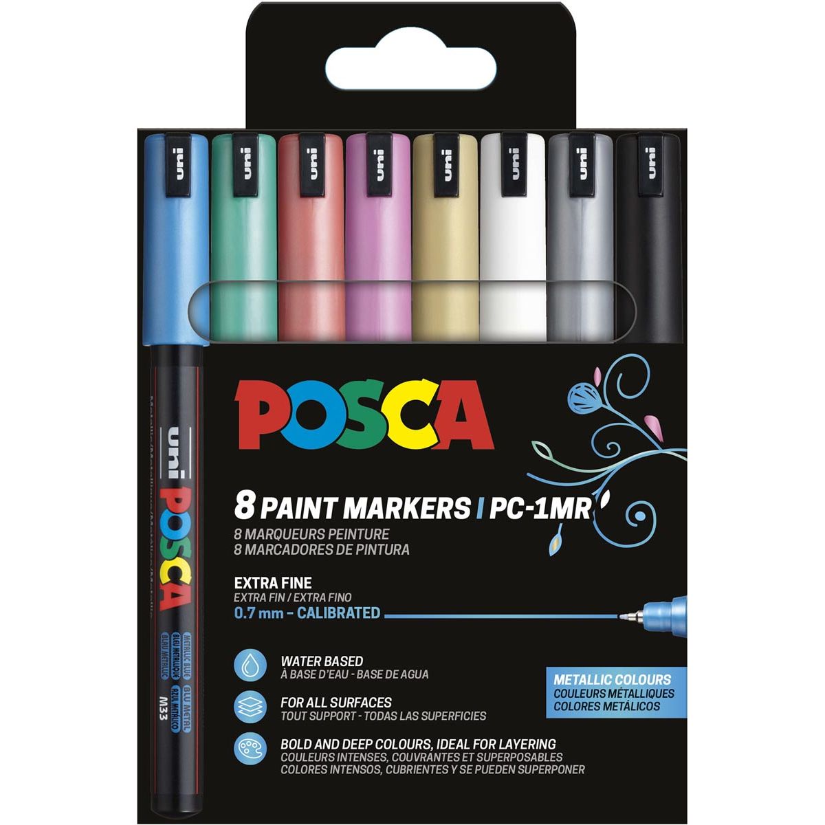 Posca - Uni paintmarker PC-1MR, 0,7 mm, etui van 8 stuks in geassorteerde metallic kleuren
