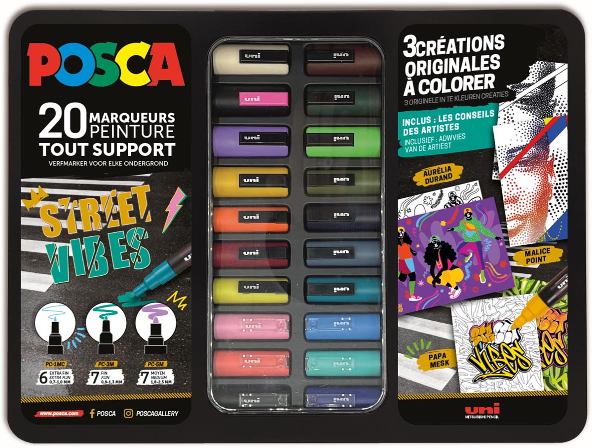 Posca - marqueurs peinture, boîte métal de 20 pièces, assortis, design Street Vibes