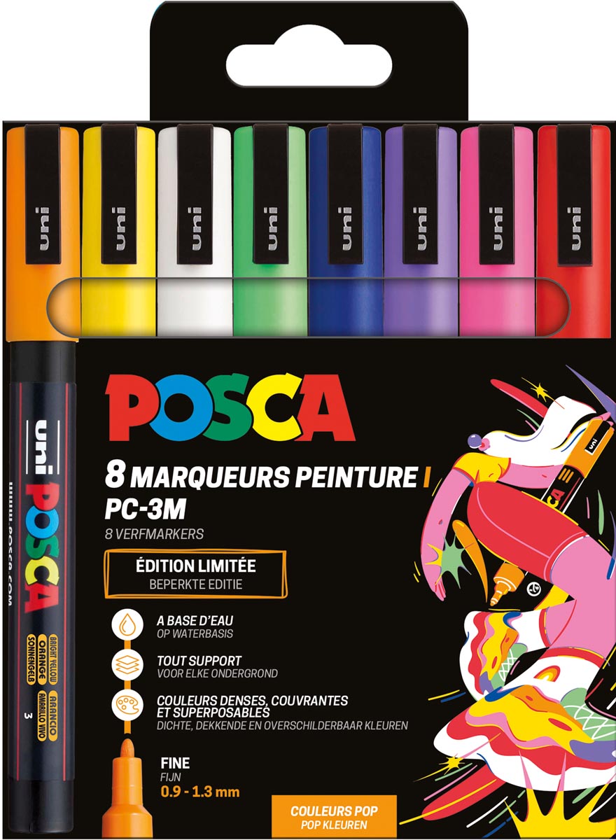 Posca - Uni paintmarker PC-3M, 1,5 mm, etui van 8 stuks in geassorteerde Pop kleuren