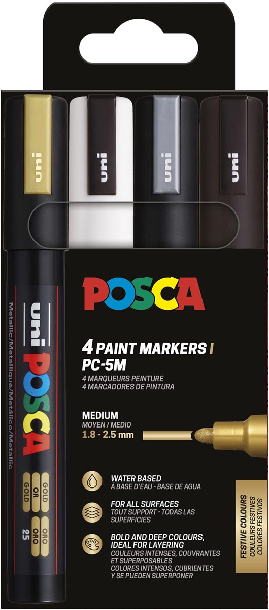Posca - Uni paint marker PC-5M, 1.8 2.5 mm, case of 4 pieces gold, white, silver and black