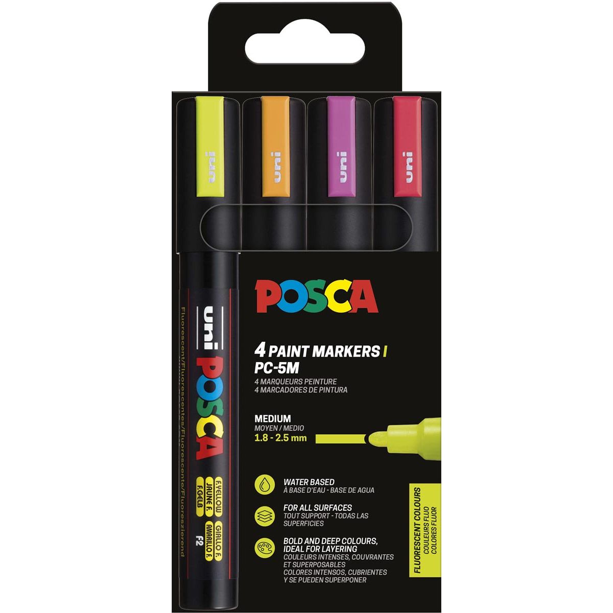 Posca - Marqueur peinture Uni PC-5M, 1,8 2,5 mm, étui de 4 pièces aux couleurs fluo