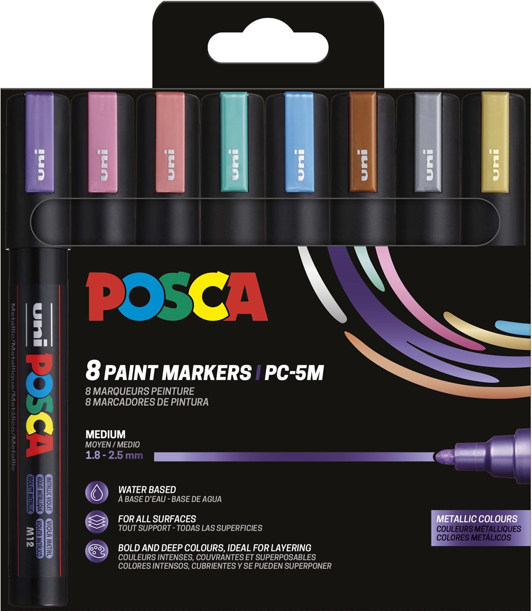 Posca - Uni paintmarker PC-5M, 1,8 2,5 mm, etui van 8 stuks in metallic kleuren