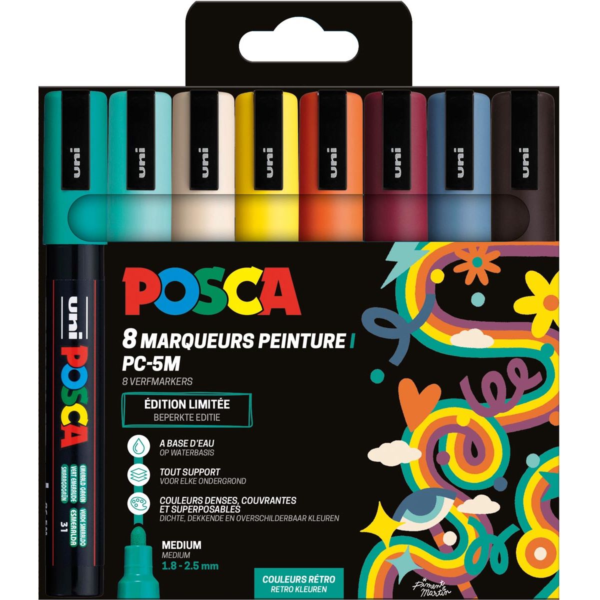 Posca - Uni paintmarker PC-5M, 1,8 2,5 mm, etui van 8 stuks in geassorteerde Retro kleuren