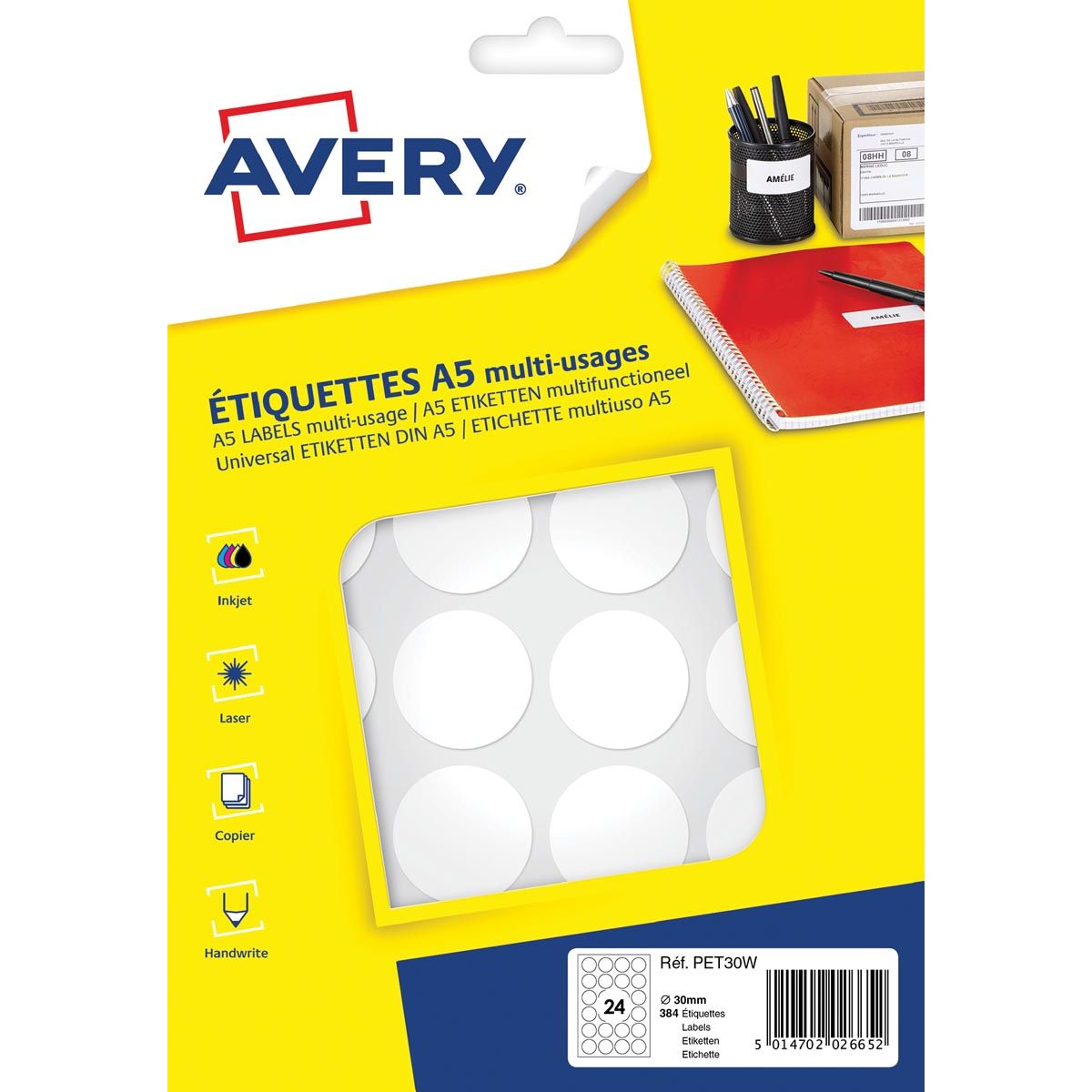 Avery - PET30W round marking labels, diameter 30 mm, blister of 384 pieces, white
