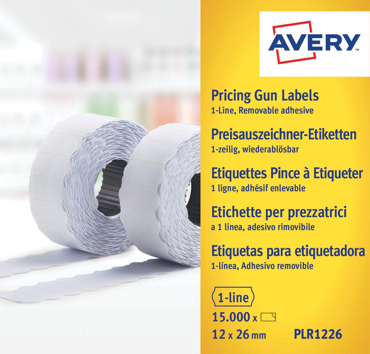 Avery - PLR1226 etiketten voor prijstang afneembaar, ft 12 x 26 mm, 15 000 etiketten, wit