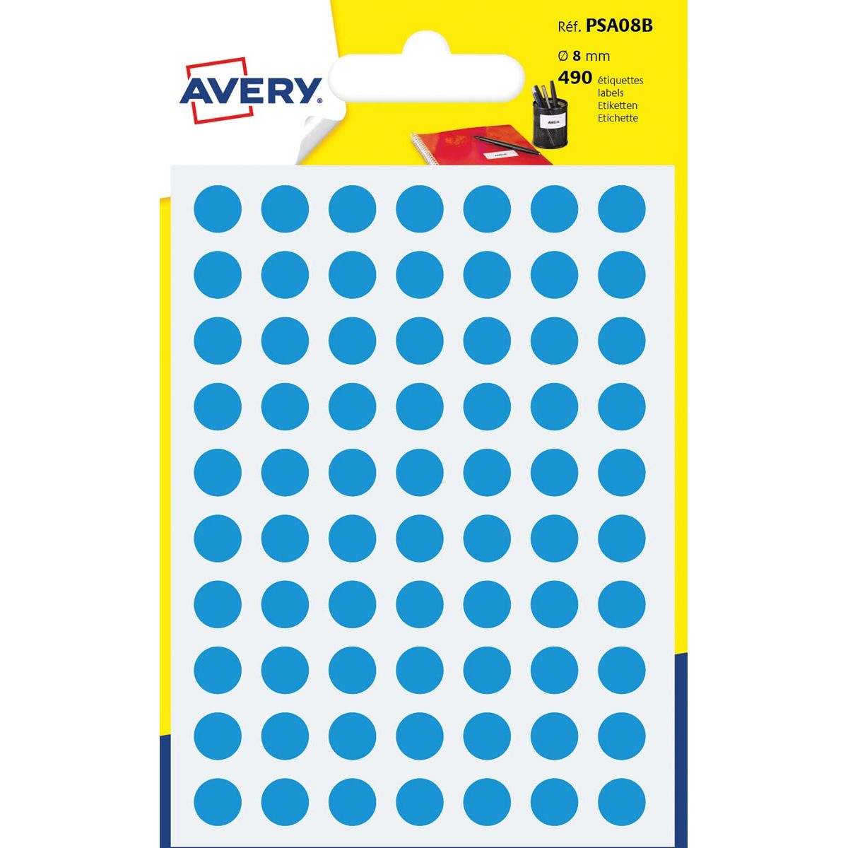 Avery - PSA08B ronde markeringsetiketten, diameter 8 mm, blister van 490 stuks, lichtblauw
