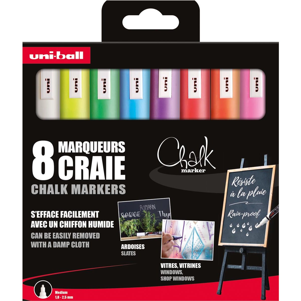 Uni-ball - krijtmarker, ronde punt 1,8 2,5 mm, etui van 8 stuks, assorti