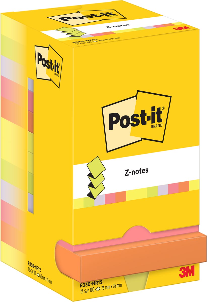 Post-it Z-notes - Z-notes, 100 vel, ft 76 x 76 mm, pak van 12 blokken, assorti neonkleuren