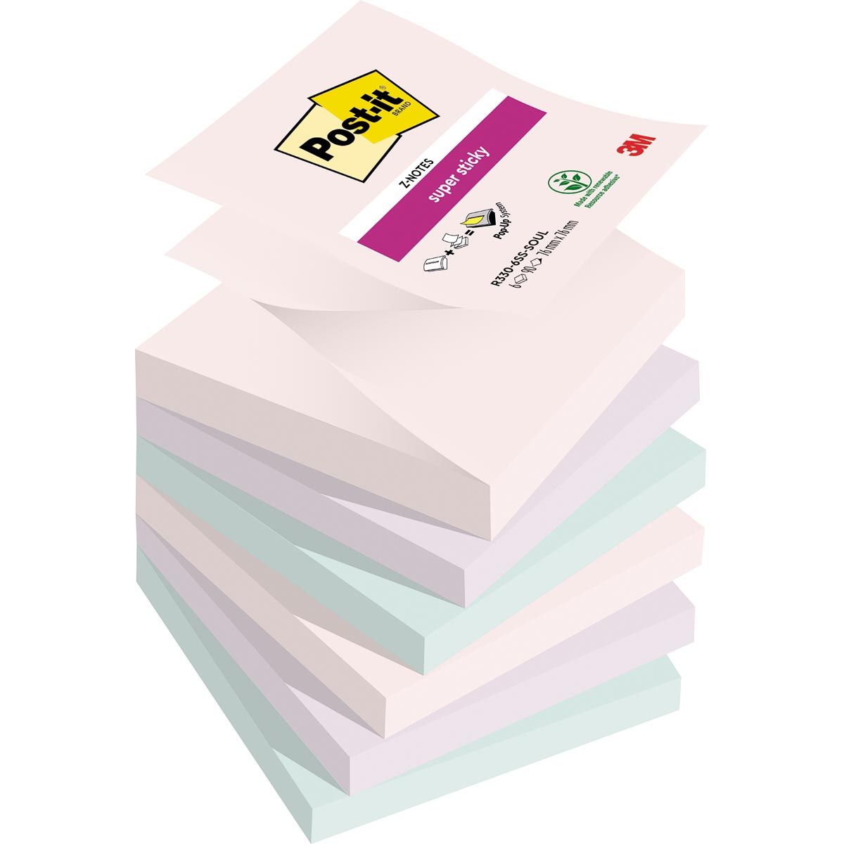 Post-it Super Sticky - Super Sticky Z-notes Soulful, 90 vel, ft 76 x 76 mm, geassorteerde kleuren, pak van 6 blokken