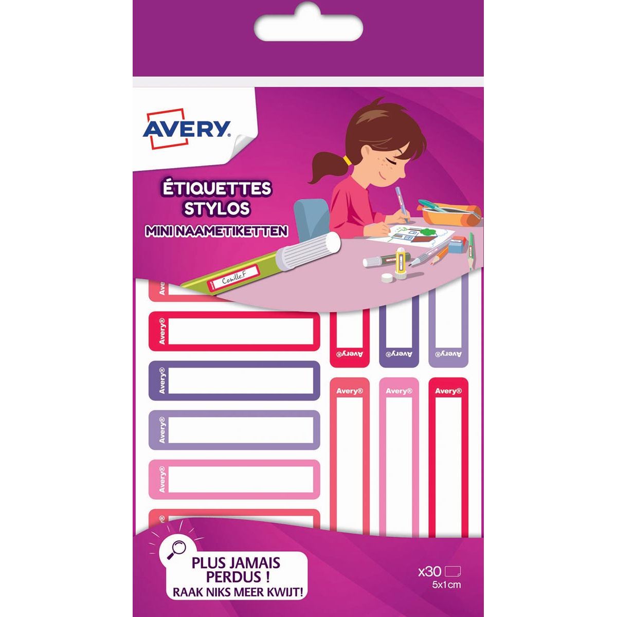Avery – Mini-Namensetiketten „Family“, 5 x 1 cm, rosa/lila, Hängetasche mit 30 Etiketten