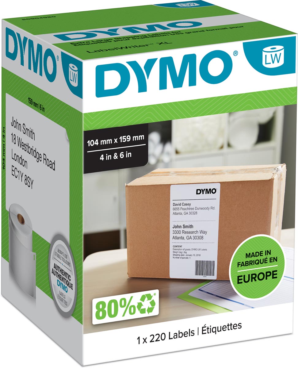 Dymo - Etiket LabelWriter 5XL etichetta di spedizione 104x159mm 1 rotolo da 220 pezzi bianco