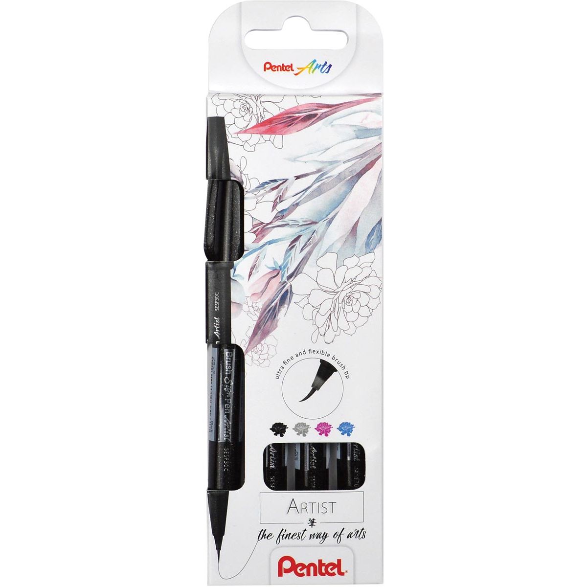 Pentel - Brushpen Artist, cardboard case with 4 pieces: black, gray, turquoise and pink