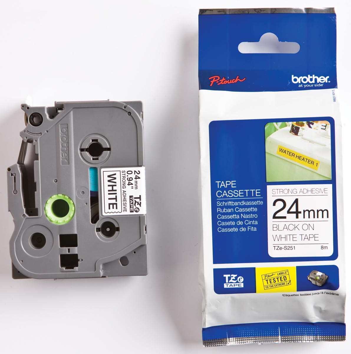 Brother - TZe e for P-Touch 24 mm, black on white, extra adhesive