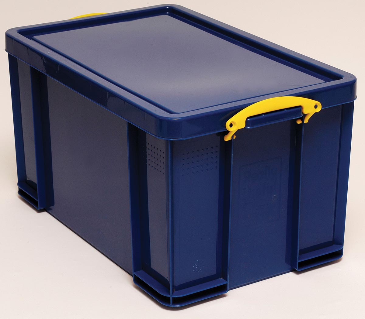 Really Useful Box - Caja de almacenamiento de 84 litros, azul oscuro con asas amarillas