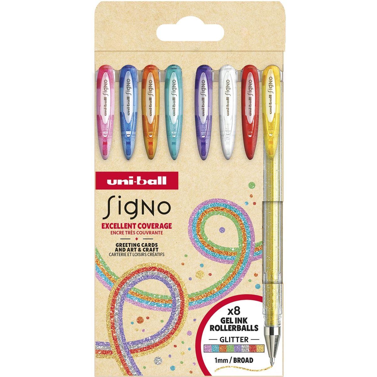 Uni-ball - roller Signo Glitter, pointe large, geassorteerde kleuren, etui van 8 stuks