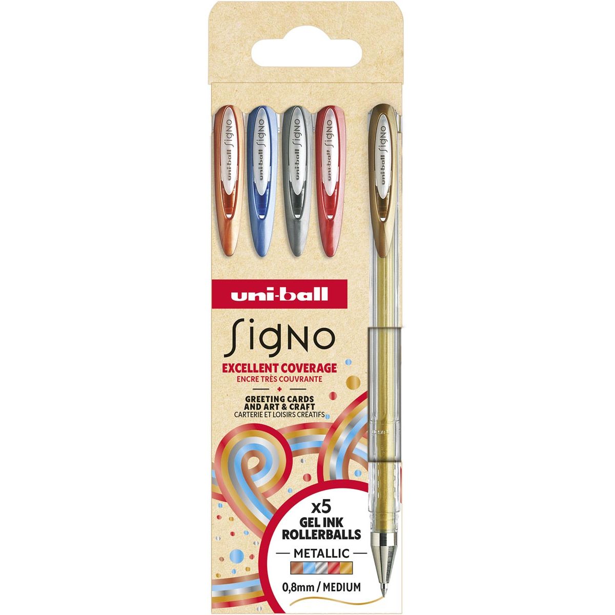 Uni-ball - roller Signo Metallic, medium punt, geassorteerde kleuren, etui van 5 stuks