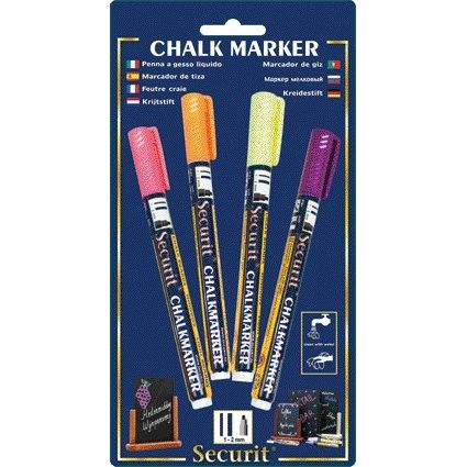Securit - Pennarello a gesso SMA-100 rotondo 1-2mm giallo/arancione/rosa/viola blister da 4 pezzi