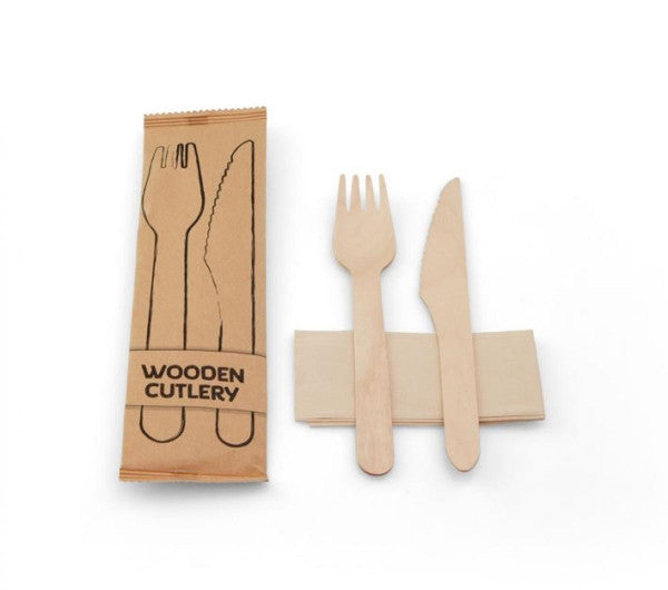 set de couverts en bois couteau - fourchette - serviette 100 pièces