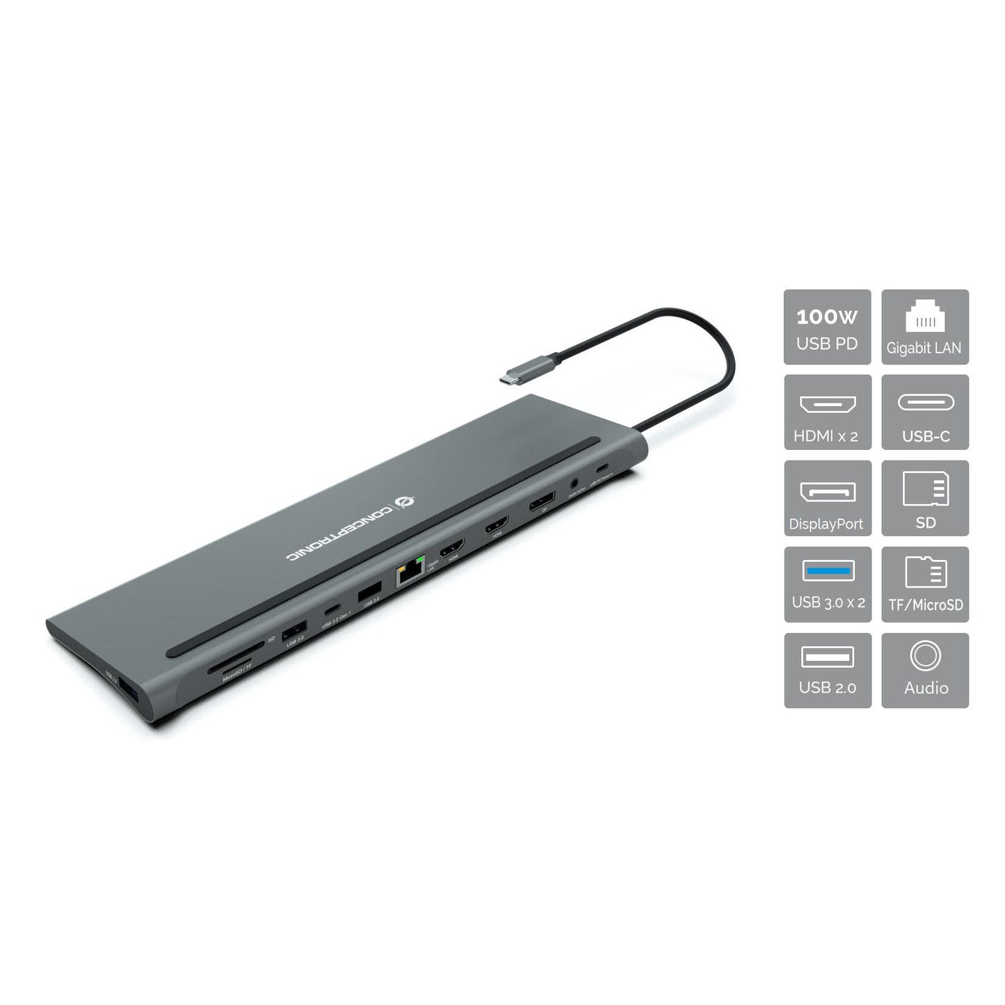 CONCEPTRONIC - DONN17G laptop dock poortreplicator Bedraad USB 3.2 Gen 1 (3.1 Gen 1) Type-C Grijs