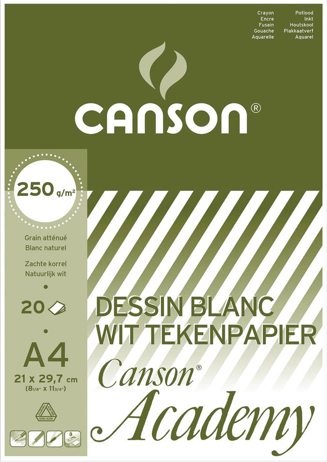 Canson -  tekenpapier Academy, 250 g, ft 21 x 29,7 cm, A4, blok van 20 vel