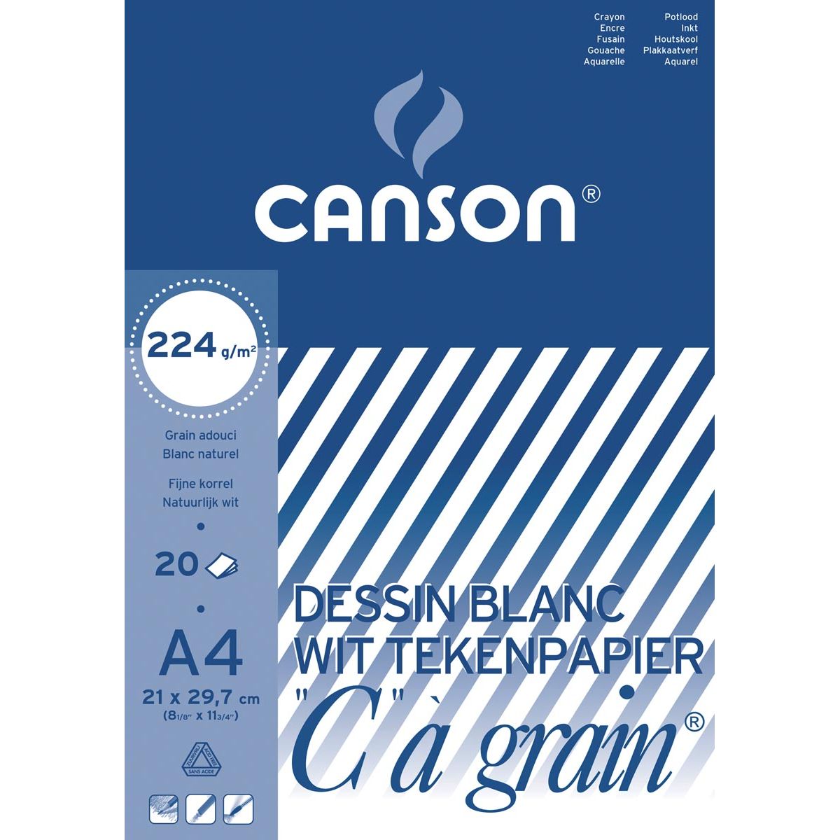 Canson - bloc de dibujo C à grano 224 g/m², pies 21 x 29,7 cm (A4)