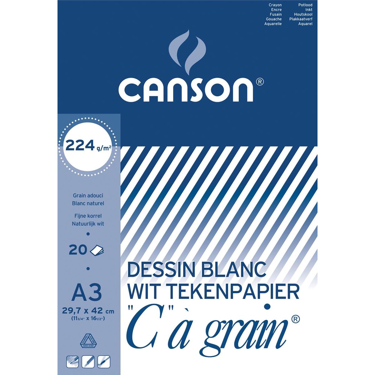Canson - blocco da disegno C à grain 224 g/m², ft 29,7 x 42 cm (A3)
