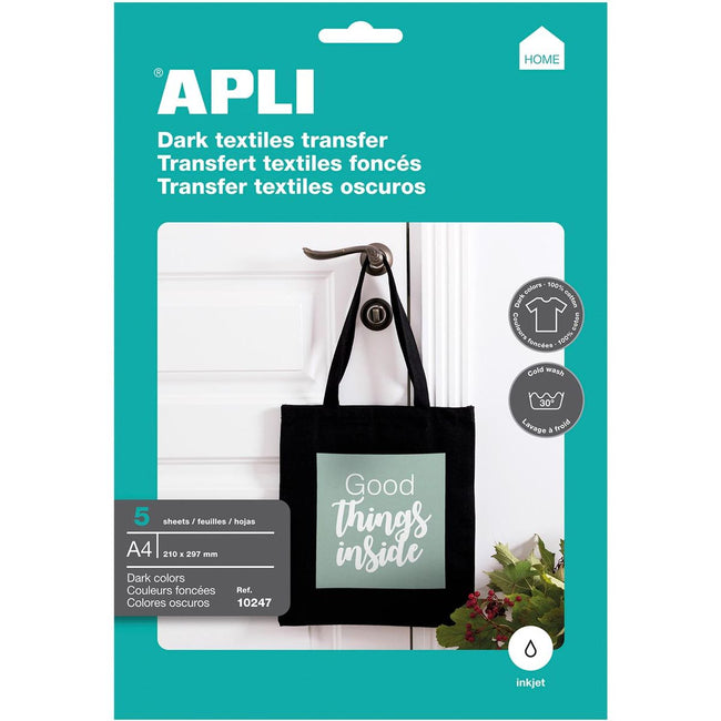 Apli - T-shirt Transfer Paper for dark or black textiles, pack of 5 sheets