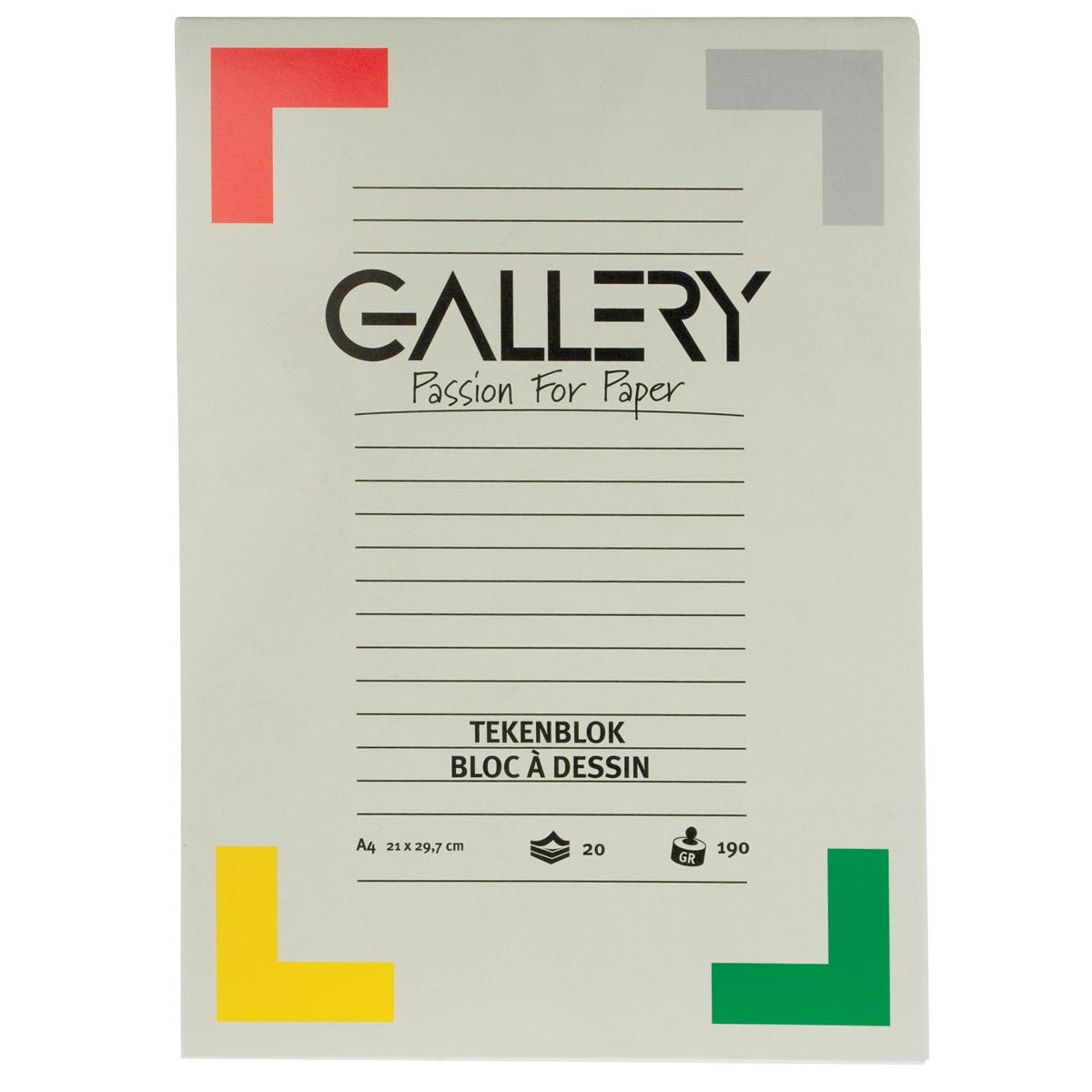 Gallery - carta da disegno, 190 g, ft 21 x 29,7 cm, A4, carta extra pesante senza pasta legno, blocco da 20 fogli